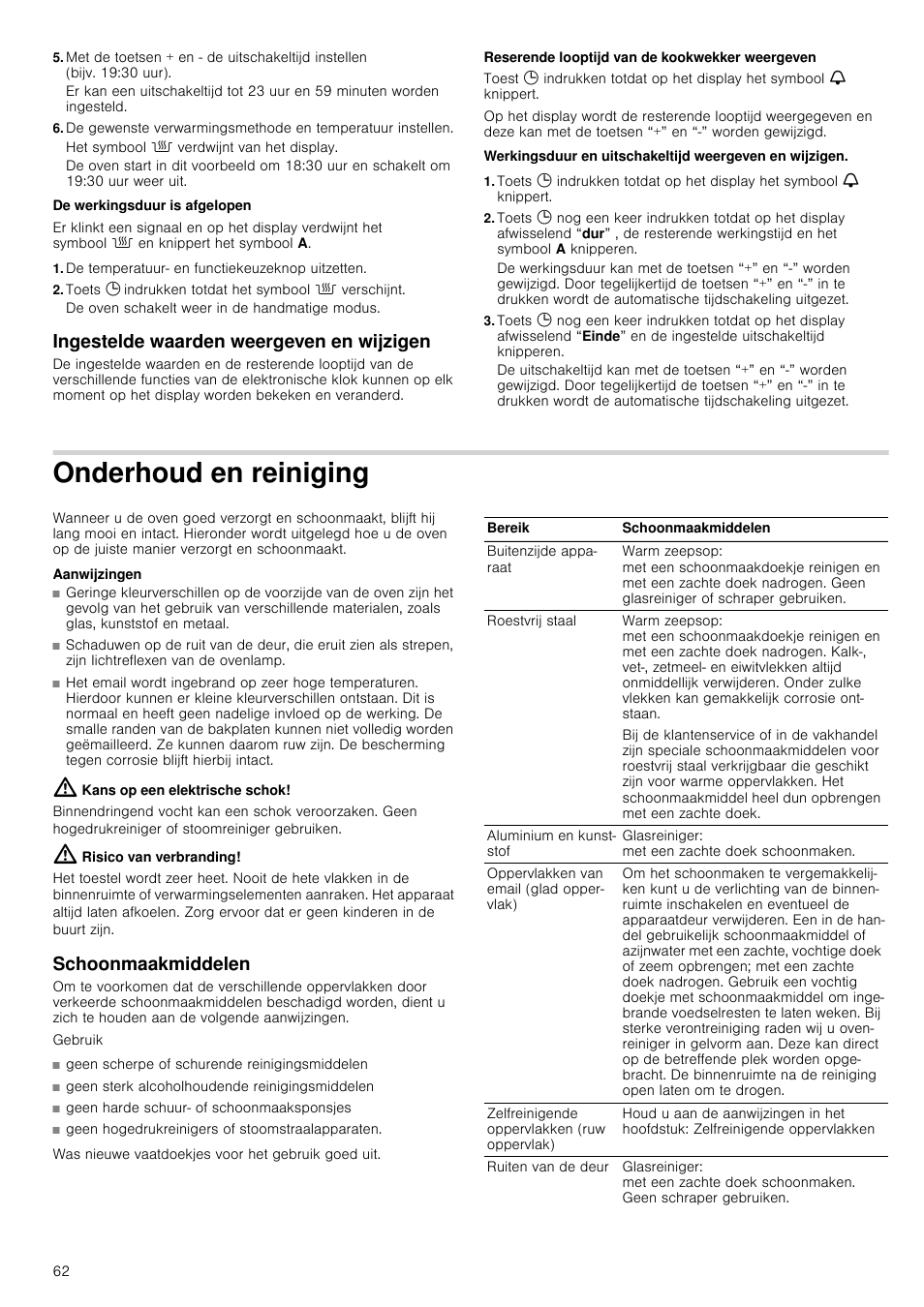 Het symbool û verdwijnt van het display, De temperatuur- en functiekeuzeknop uitzetten, Toets 0 indrukken totdat het symbool û verschijnt | Ingestelde waarden weergeven en wijzigen, Onderhoud en reiniging, Aanwijzingen, Kans op een elektrische schok, Risico van verbranding, Schoonmaakmiddelen, Geen sterk alcoholhoudende reinigingsmiddelen | Siemens HV541ANS0 User Manual | Page 62 / 72