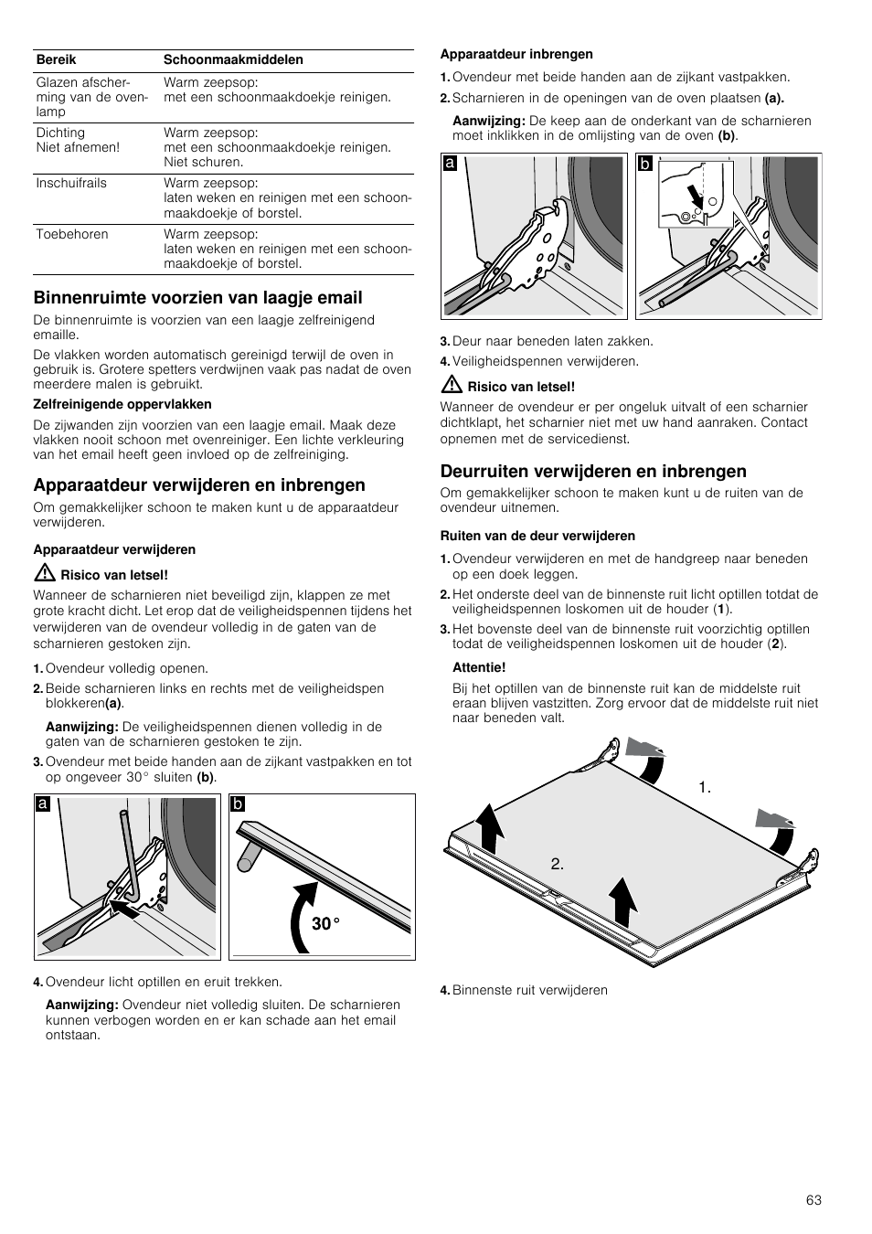 Binnenruimte voorzien van laagje email, Apparaatdeur verwijderen en inbrengen, Apparaatdeur verwijderen | Risico van letsel, Ovendeur volledig openen, Aanwijzing, Ovendeur licht optillen en eruit trekken, Apparaatdeur inbrengen, Deur naar beneden laten zakken, Veiligheidspennen verwijderen | Siemens HV541ANS0 User Manual | Page 63 / 72