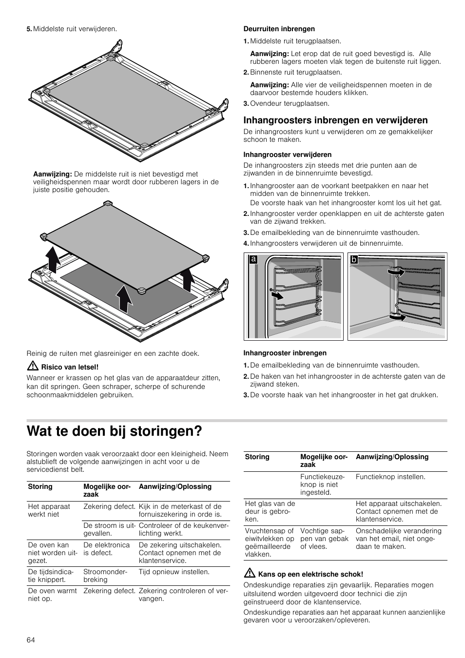 Middelste ruit verwijderen, Aanwijzing, Risico van letsel | Deurruiten inbrengen, Middelste ruit terugplaatsen, Binnenste ruit terugplaatsen, Ovendeur terugplaatsen, Inhangroosters inbrengen en verwijderen, Inhangrooster verwijderen, De emailbekleding van de binnenruimte vasthouden | Siemens HV541ANS0 User Manual | Page 64 / 72