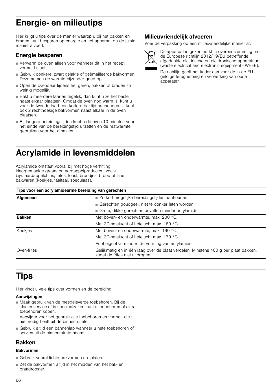 Energie­ en milieutips, Energie besparen, Milieuvriendelijk afvoeren | Acrylamide in levensmiddelen, Tips, Aanwijzingen, Bakken, Tips bakken | Siemens HV541ANS0 User Manual | Page 66 / 72