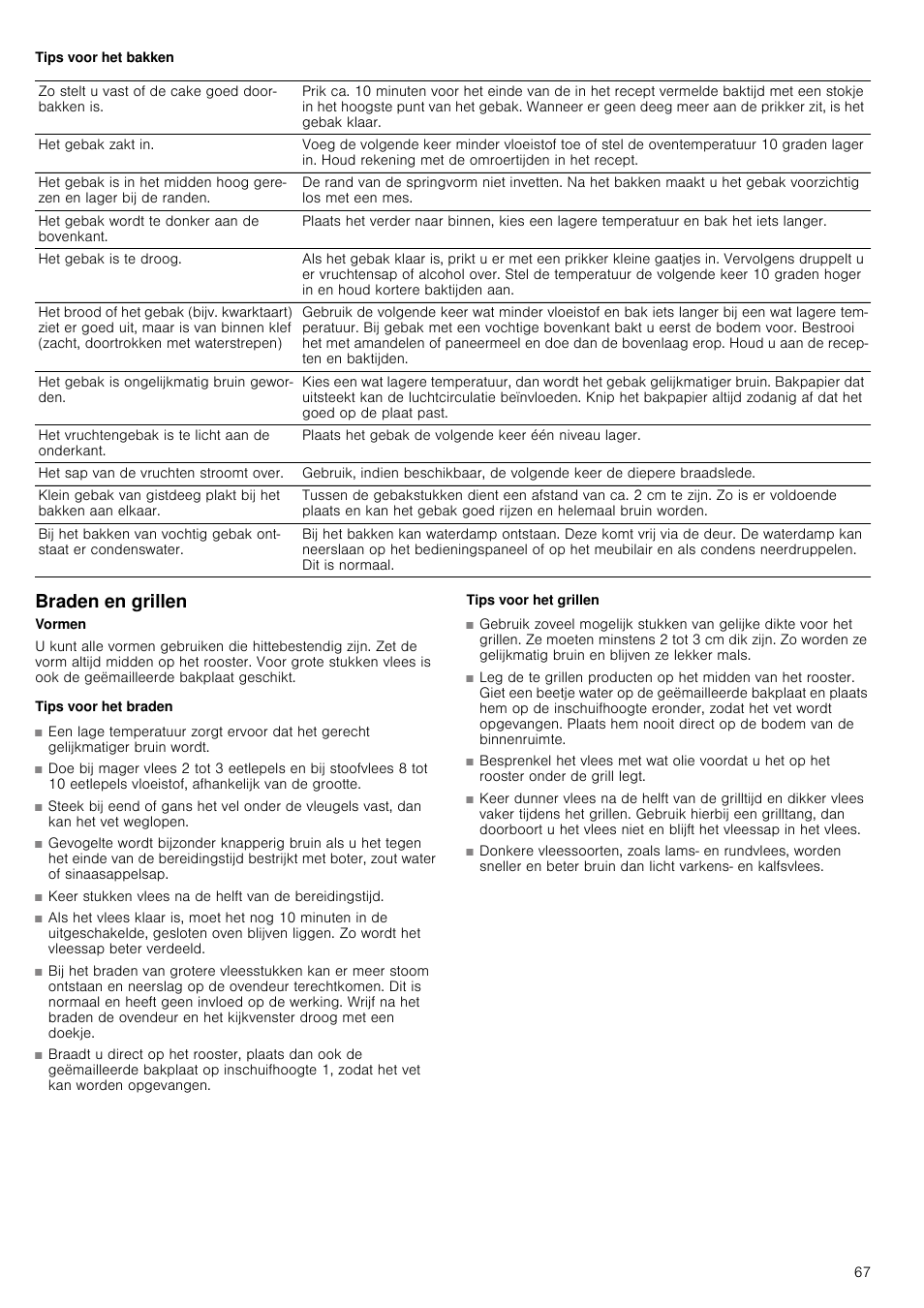 Tips voor het bakken, Braden en grillen, Tips voor het braden | Tips voor het grillen | Siemens HV541ANS0 User Manual | Page 67 / 72