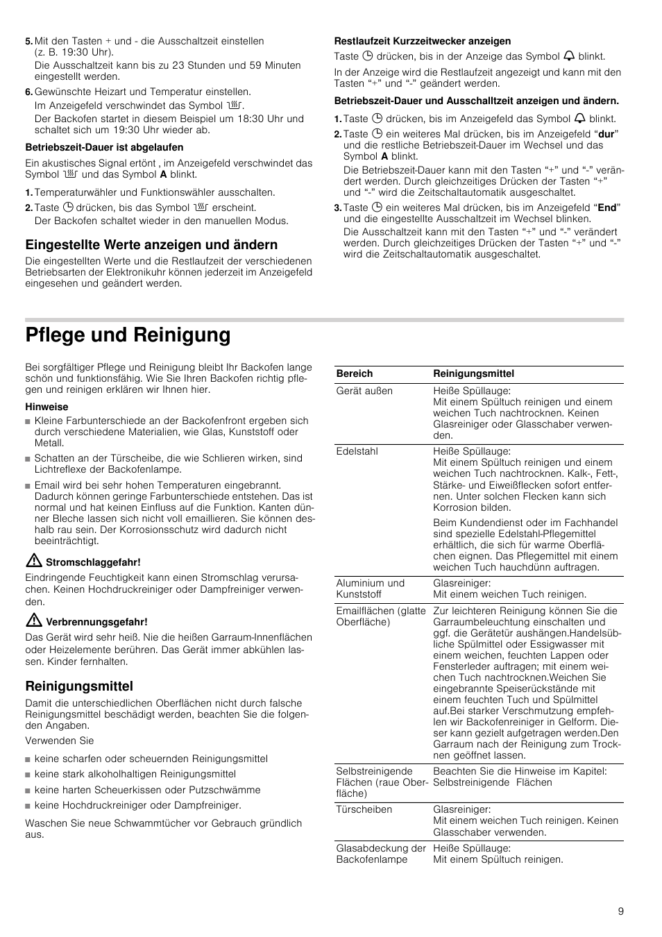 Gewünschte heizart und temperatur einstellen, Im anzeigefeld verschwindet das symbol û, Temperaturwähler und funktionswähler ausschalten | Taste 0 drücken, bis das symbol û erscheint, Eingestellte werte anzeigen und ändern, Pflege und reinigung, Hinweise, Stromschlaggefahr, Verbrennungsgefahr, Reinigungsmittel | Siemens HV541ANS0 User Manual | Page 9 / 72
