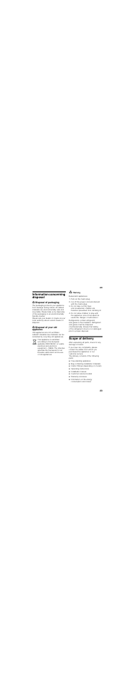 Information concerning disposal, Disposal of packaging, Disposal of your old appliance | Scope of delivery, The delivery consists of the following parts, Free-standing appliance, Bag containing installation materials, Interior fittings (depending on model), Operating instructions, Installation manual | Siemens GS36NBI30 User Manual | Page 23 / 94