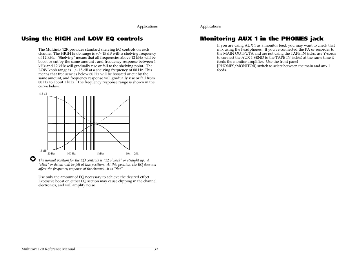 Using the high and low eq controls, Monitoring aux 1 in the phones jack | ALESIS MULTIMIX 12R User Manual | Page 49 / 62