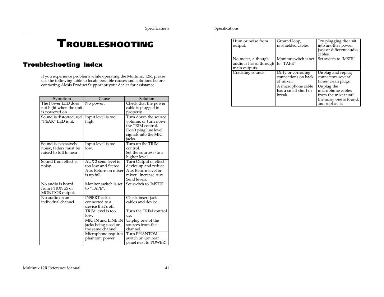 Roubleshooting, Troubleshooting index | ALESIS MULTIMIX 12R User Manual | Page 52 / 62