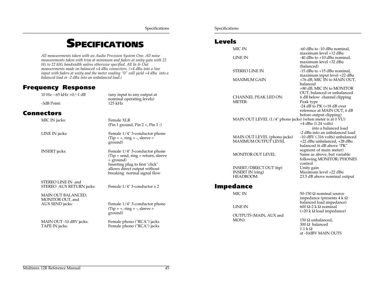 Pecifications, Frequency response, Connectors | Levels, Impedance | ALESIS MULTIMIX 12R User Manual | Page 54 / 62