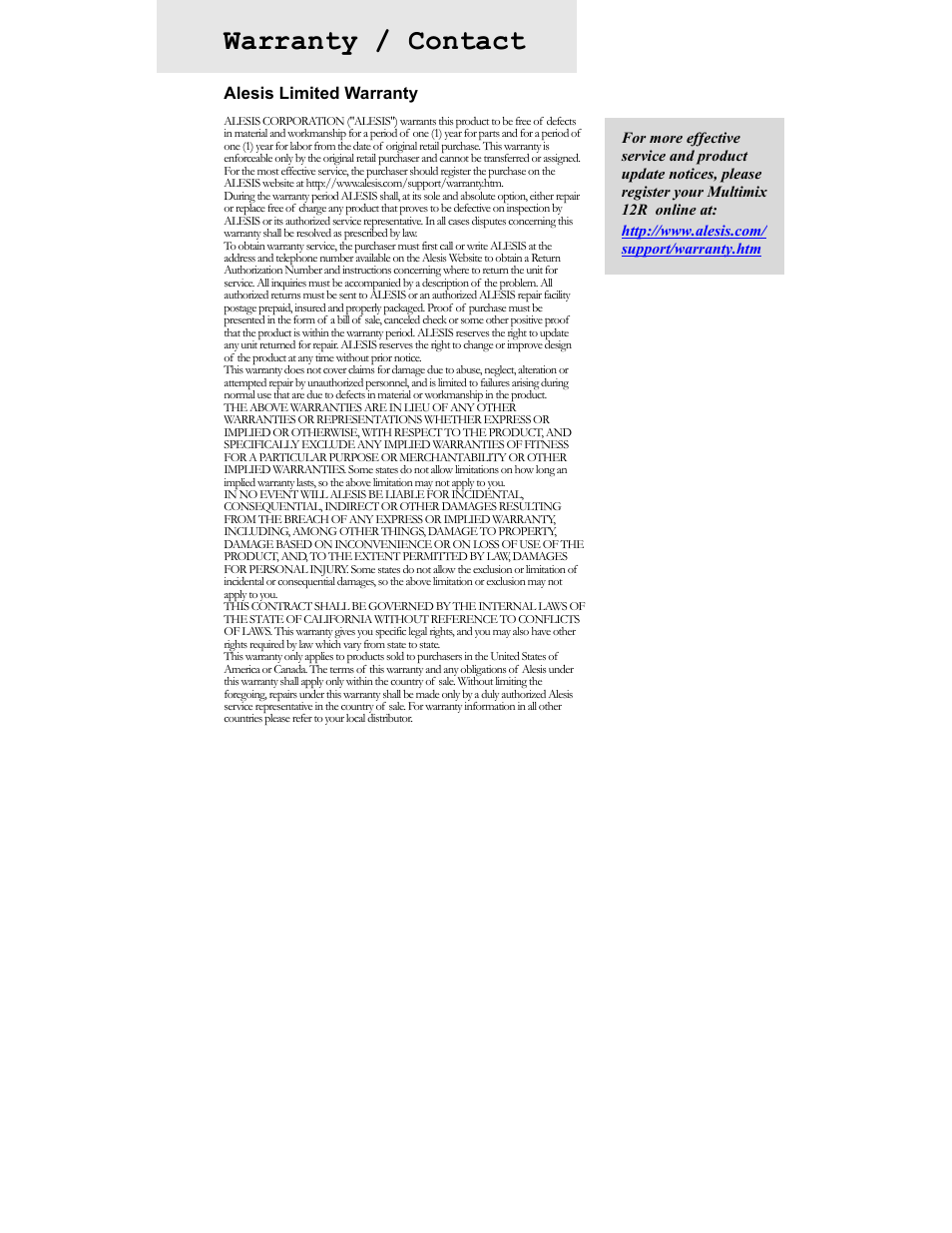 Warranty / contact | ALESIS MULTIMIX 12R User Manual | Page 61 / 62