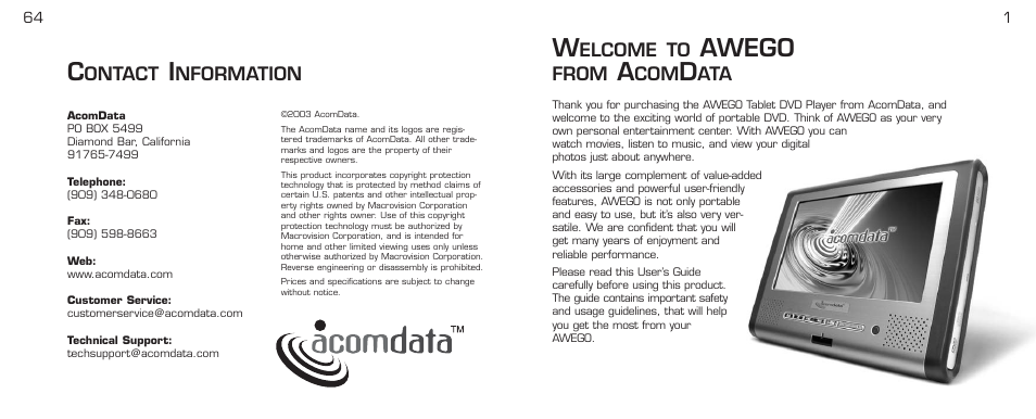 Awego, Ontact, Nformation | Elcome to, From | Acomdata.com PDVD7 User Manual | Page 3 / 68