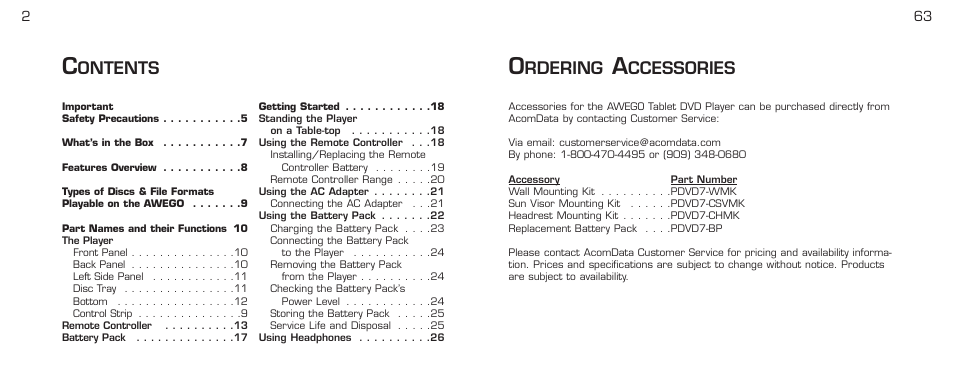 Ontents, Rdering, Ccessories | Acomdata.com PDVD7 User Manual | Page 4 / 68