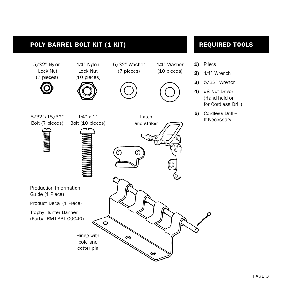 Required tools, Poly barrel bolt kit (1 kit) | Aquapro Fish Feeders ADF-150DX User Manual | Page 3 / 12