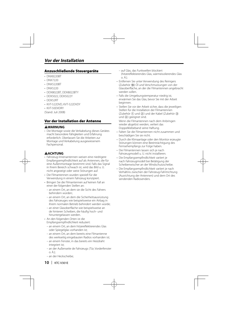 Vor der installation, Anzuschließende steuergeräte, Vor der installation der antenne | Kenwood KTC-V301E User Manual | Page 10 / 56