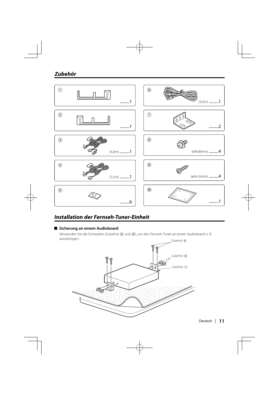 Zubehör, Installation der fernseh-tuner-einheit | Kenwood KTC-V301E User Manual | Page 11 / 56