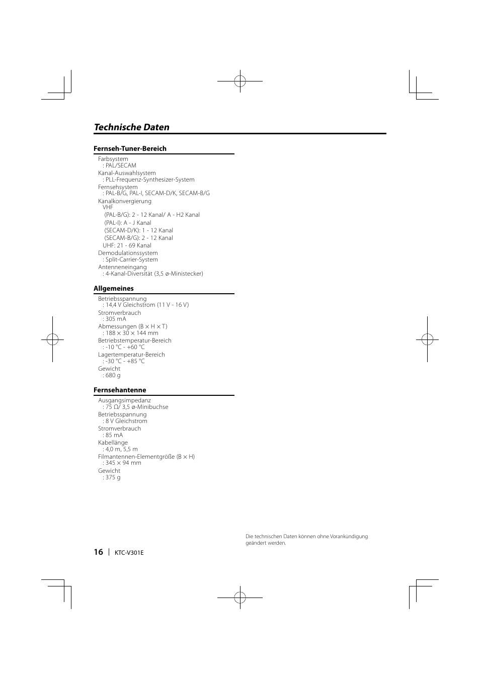 Technische daten | Kenwood KTC-V301E User Manual | Page 16 / 56