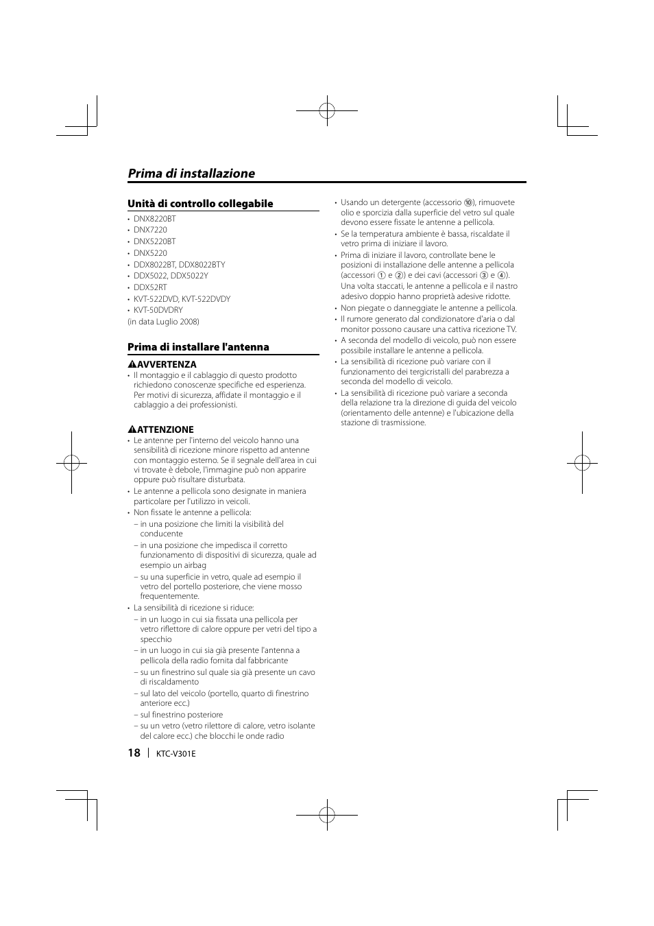 Prima di installazione, Unità di controllo collegabile, Prima di installare l'antenna | Kenwood KTC-V301E User Manual | Page 18 / 56