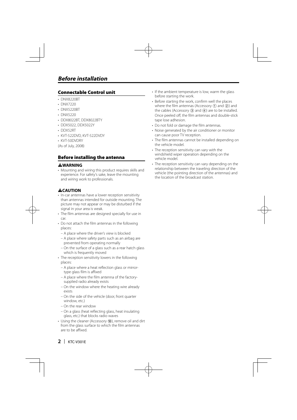 Before installation, Connectable control unit, Before installing the antenna | Kenwood KTC-V301E User Manual | Page 2 / 56