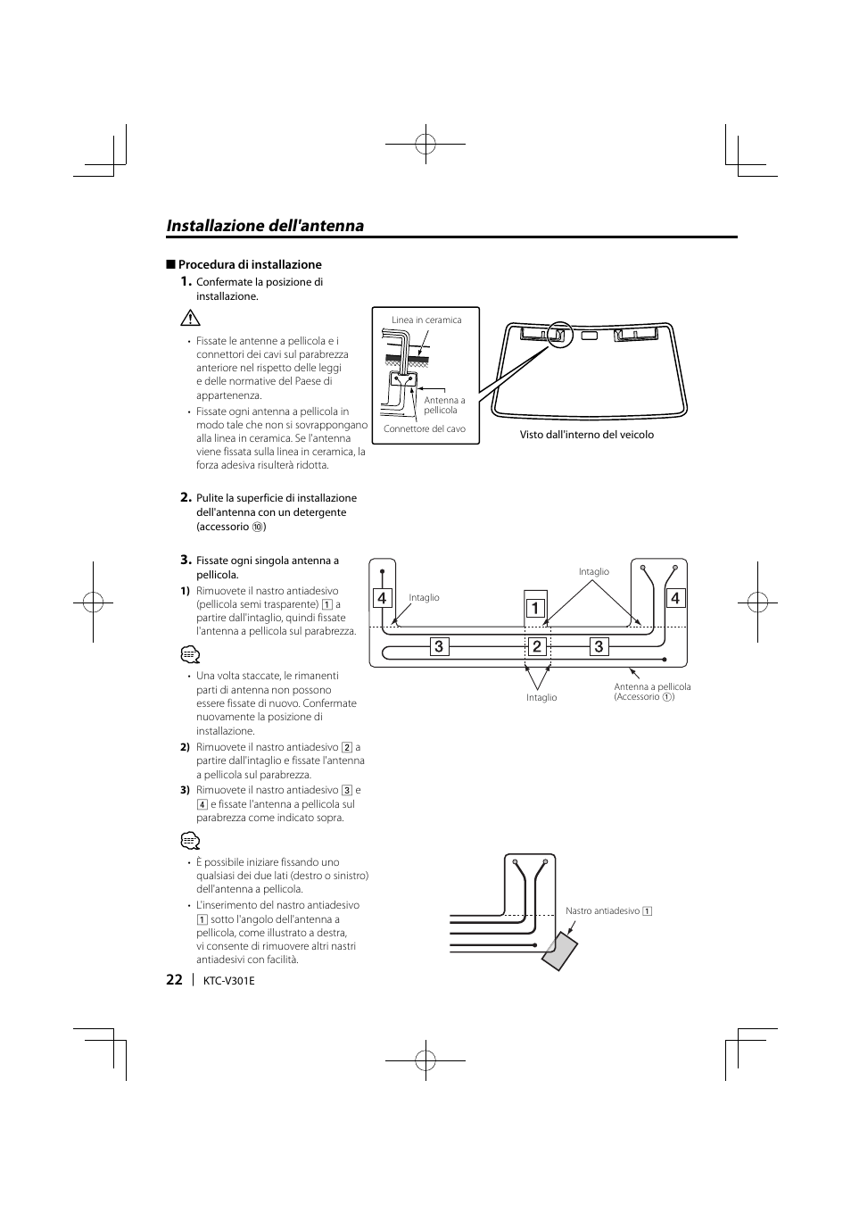 Installazione dell'antenna | Kenwood KTC-V301E User Manual | Page 22 / 56