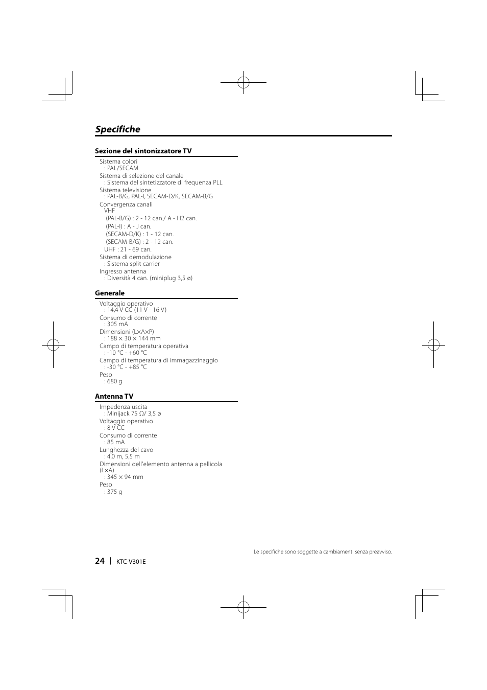 Specifiche | Kenwood KTC-V301E User Manual | Page 24 / 56