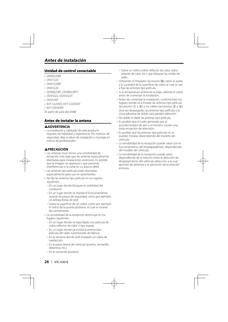 Antes de instalación, Unidad de control conectable, Antes de instalar la antena | Kenwood KTC-V301E User Manual | Page 26 / 56