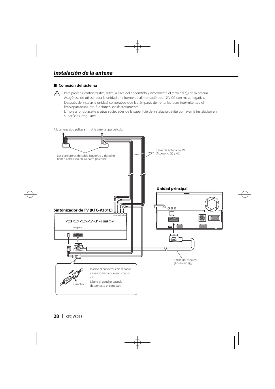 Instalación de la antena | Kenwood KTC-V301E User Manual | Page 28 / 56