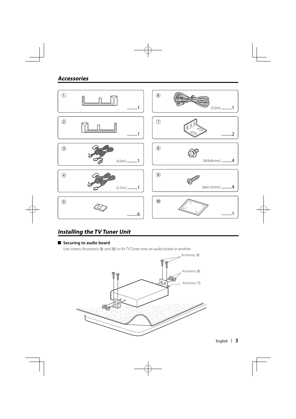 Accessories, Installing the tv tuner unit | Kenwood KTC-V301E User Manual | Page 3 / 56