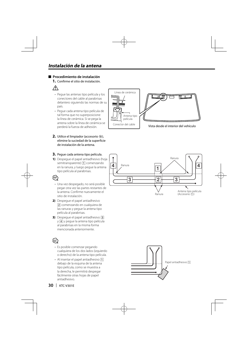 Instalación de la antena | Kenwood KTC-V301E User Manual | Page 30 / 56