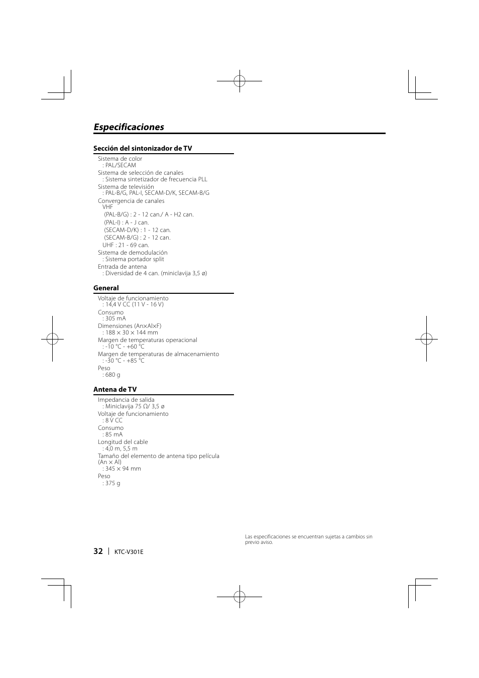 Especificaciones | Kenwood KTC-V301E User Manual | Page 32 / 56