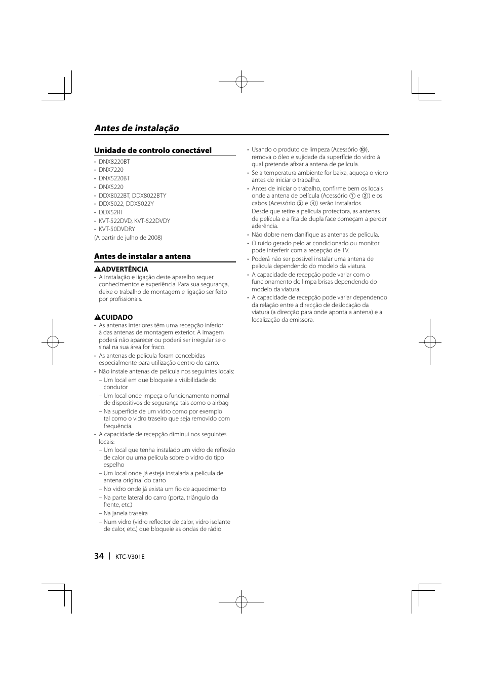 Antes de instalação, Unidade de controlo conectável, Antes de instalar a antena | Kenwood KTC-V301E User Manual | Page 34 / 56