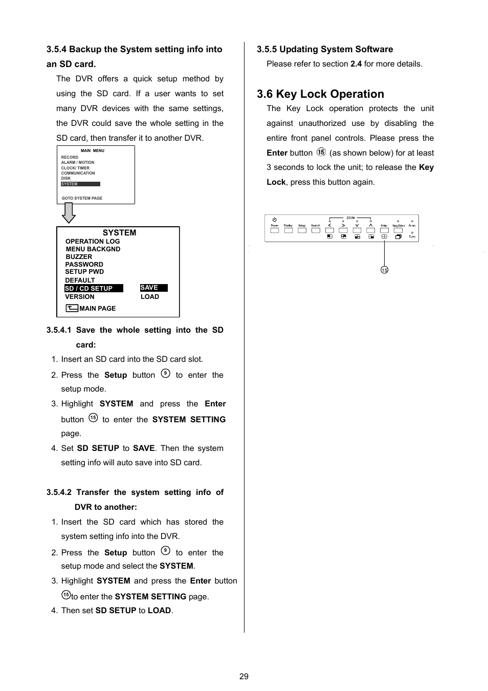 4 backup the system setting info into an sd card, 5 updating system software, 6 key lock operation | Approach Tech DVR-3024 User Manual | Page 31 / 71