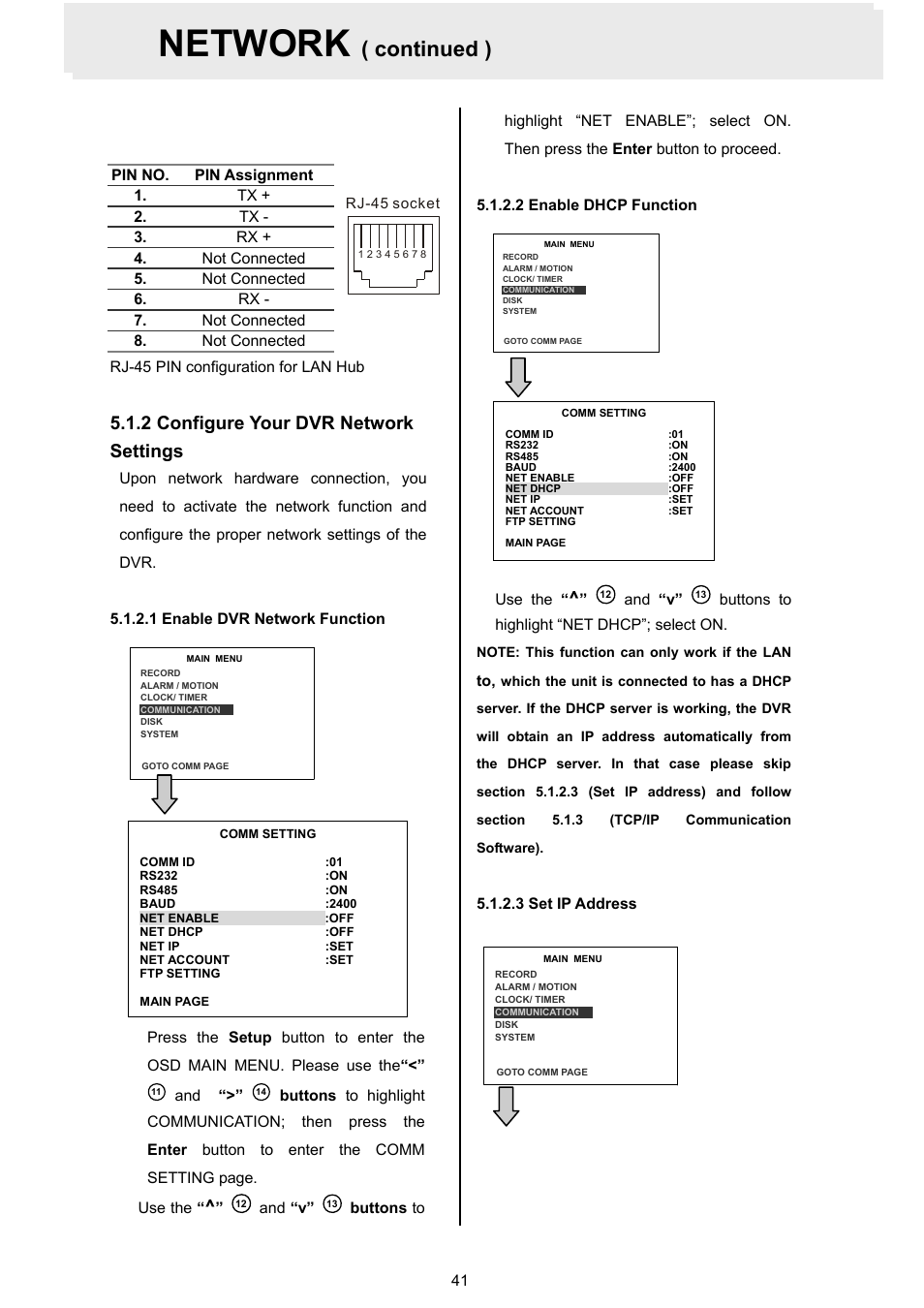 Pin assignment, 1 enable dvr network function, 2 enable dhcp function | 3 set ip address, Network network, Continued ), 2 configure your dvr network settings | Approach Tech DVR-3024 User Manual | Page 43 / 71