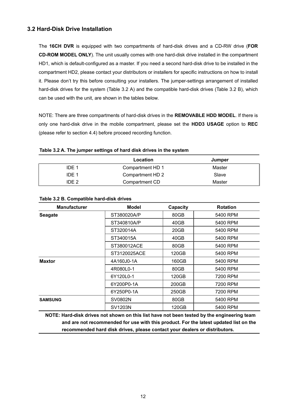 2 hard-disk drive installation, Manufacturer, Capacity | Rotation | Approach Tech DVR-3016 User Manual | Page 14 / 81