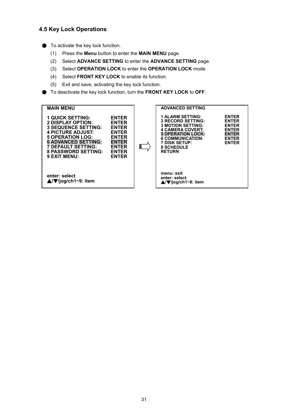 5 key lock operations | Approach Tech DVR-3016 User Manual | Page 33 / 81