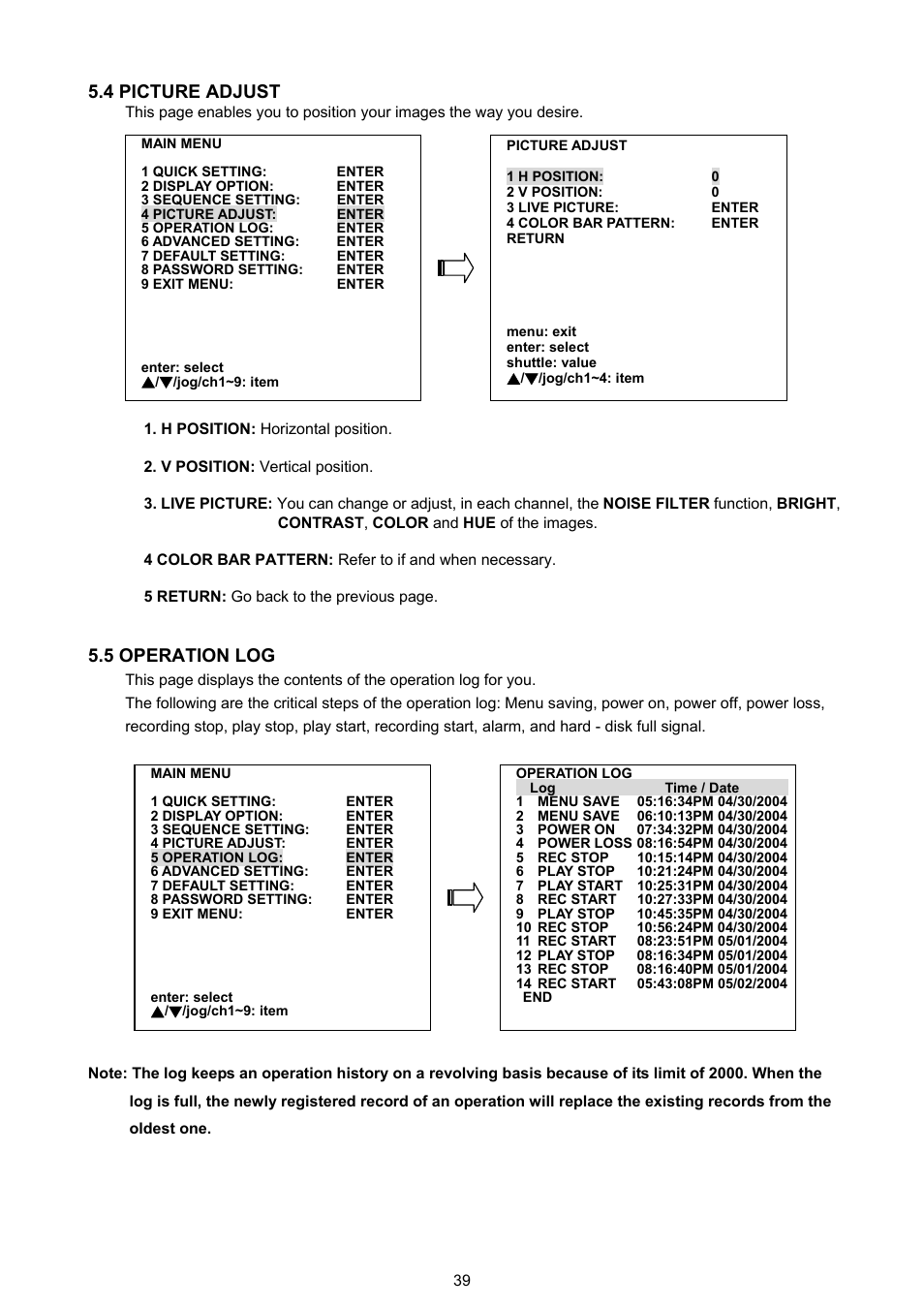 4 picture adjust, 5 operation log | Approach Tech DVR-3016 User Manual | Page 41 / 81