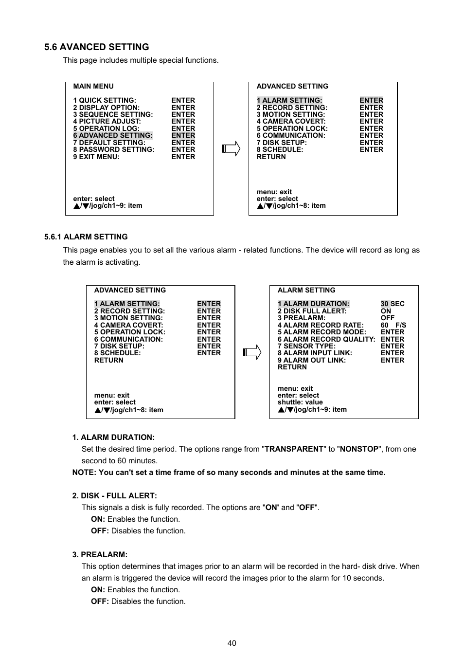 6 avanced setting, 1 alarm setting | Approach Tech DVR-3016 User Manual | Page 42 / 81