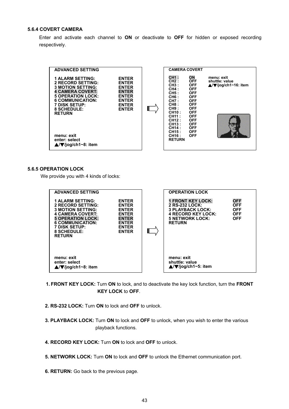 4 covert camera, 5 operation lock | Approach Tech DVR-3016 User Manual | Page 45 / 81