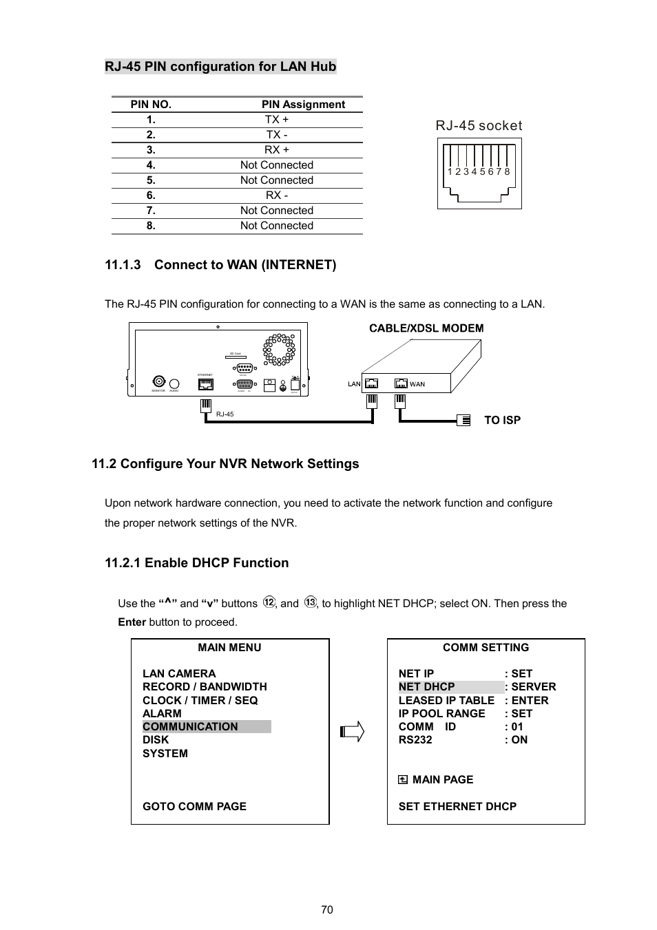 Rj-45 pin configuration for lan hub, 2 configure your nvr network settings, 1 enable dhcp function | Approach Tech NVR-2018 User Manual | Page 72 / 87