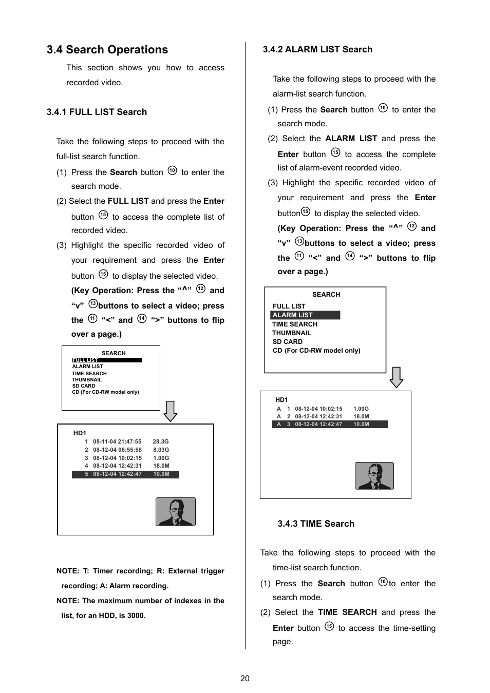 4 search operations, 1 full list search, 2 alarm list search | 3 time search | Approach Tech DVR-3024M User Manual | Page 22 / 67