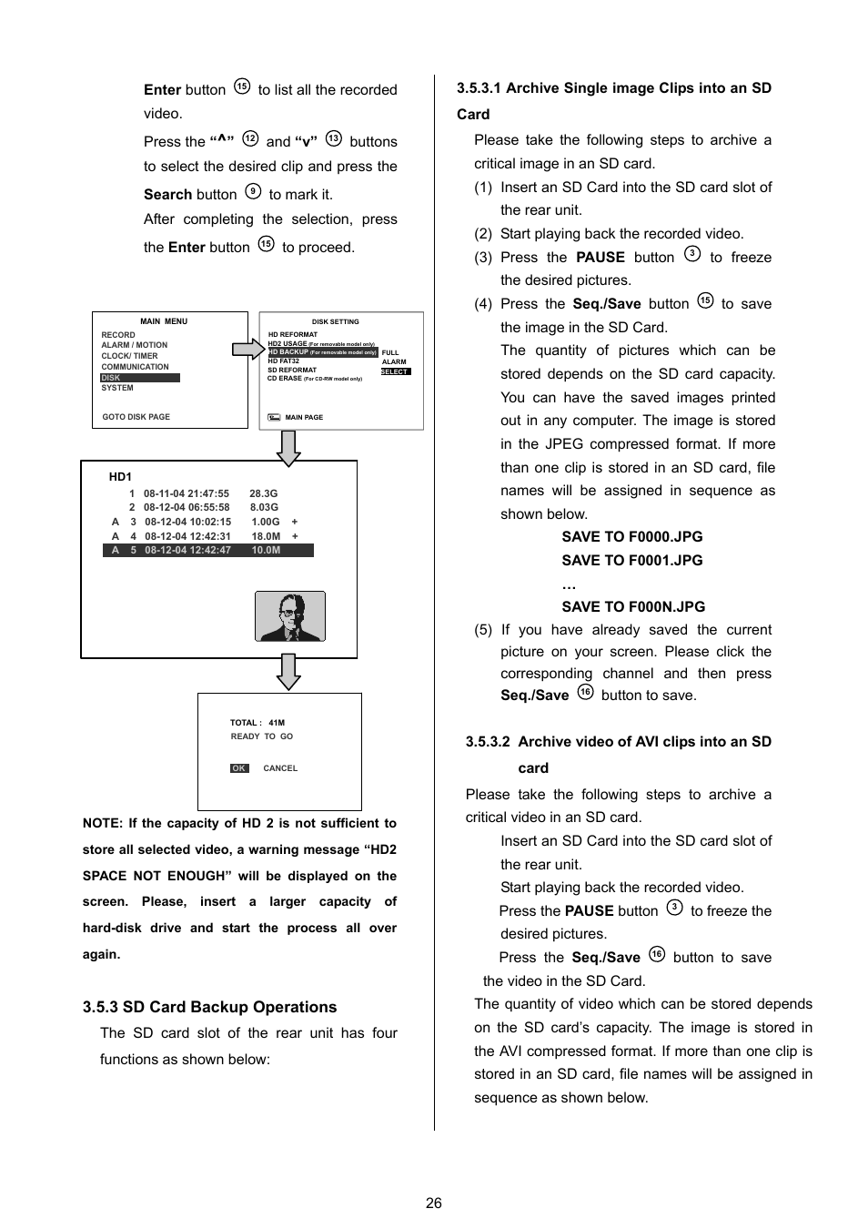 3 sd card backup operations, 1 archive single image clips into an sd card, 2 archive video of avi clips into an sd card | Approach Tech DVR-3024M User Manual | Page 28 / 67