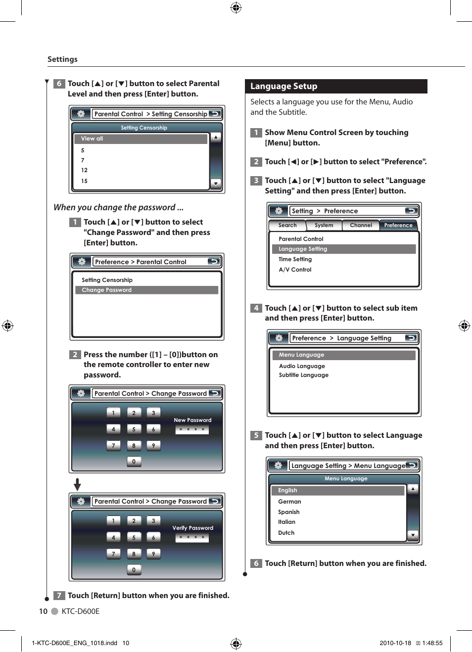 When you change the password, Language setup | Kenwood KTC-D600E User Manual | Page 10 / 22