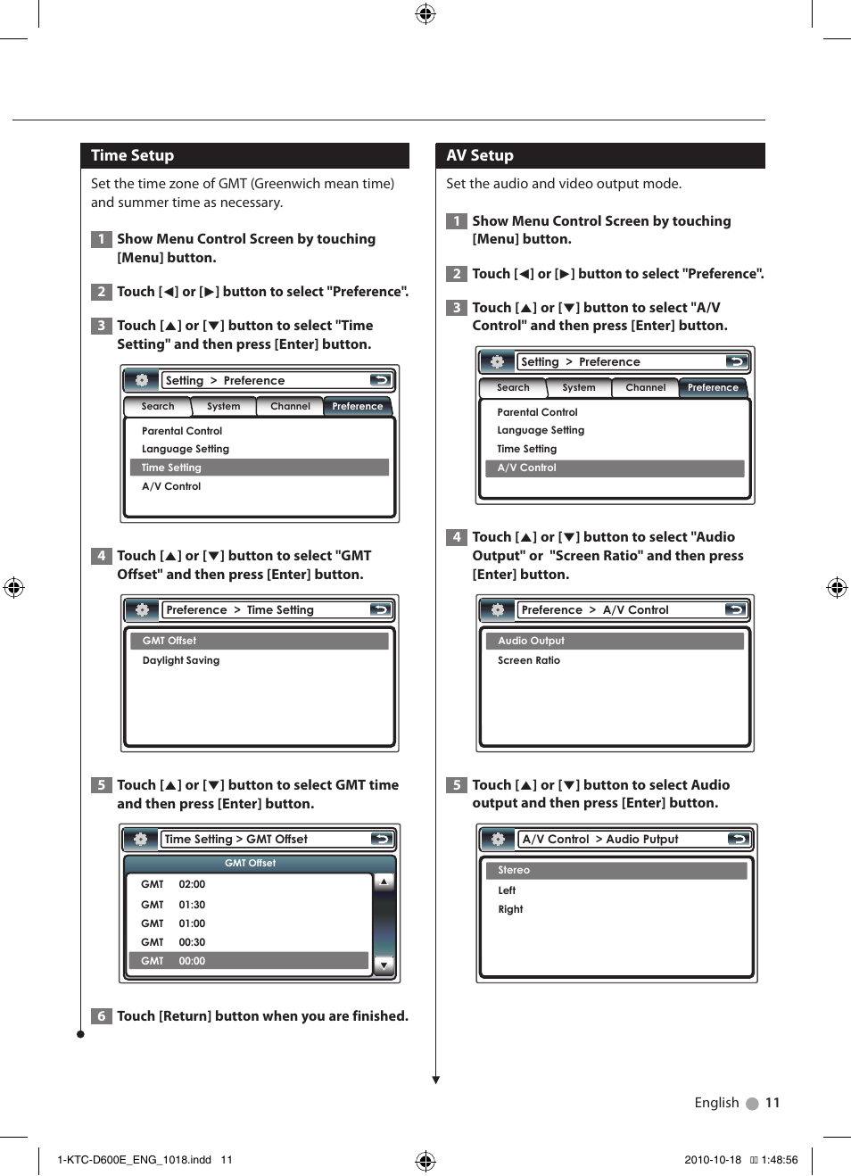 Time setup, Av setup | Kenwood KTC-D600E User Manual | Page 11 / 22