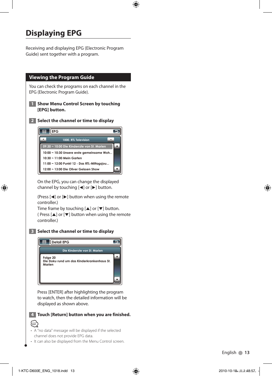 Displaying epg, Viewing the program guide | Kenwood KTC-D600E User Manual | Page 13 / 22