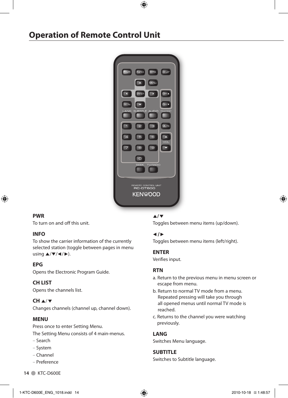 Operation of remote control unit | Kenwood KTC-D600E User Manual | Page 14 / 22