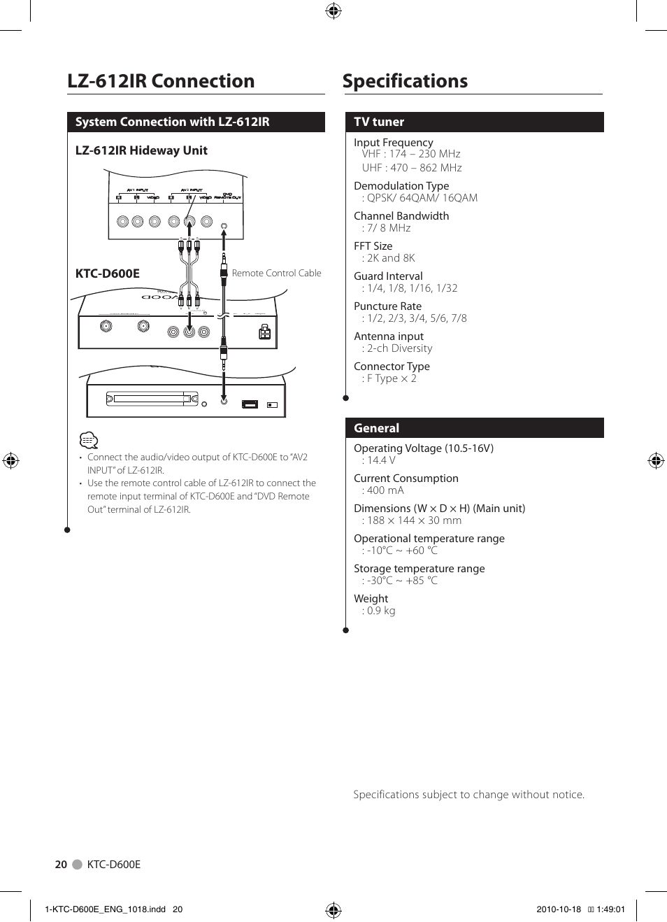 Specifications lz-612ir connection | Kenwood KTC-D600E User Manual | Page 20 / 22