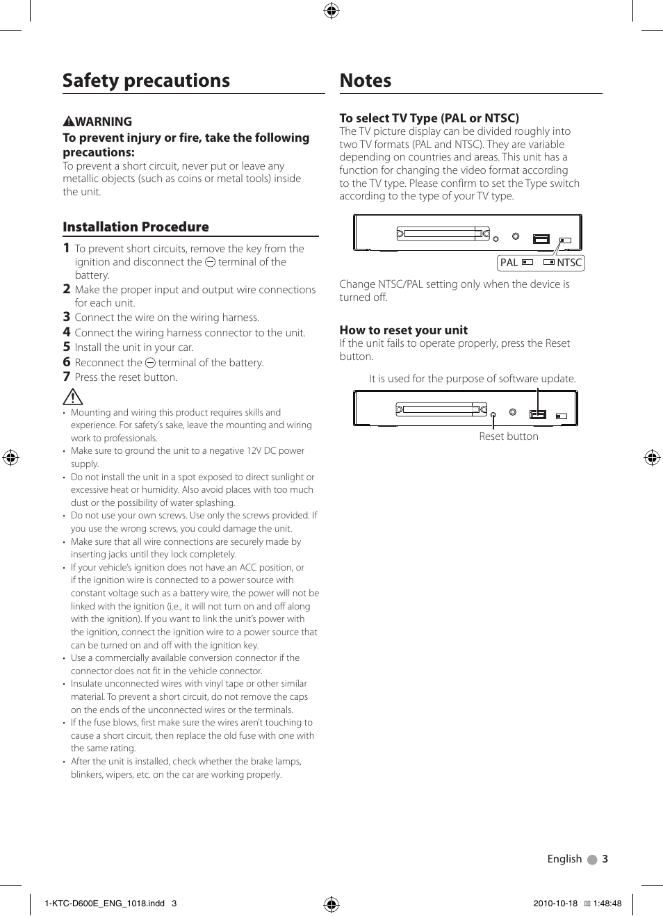 Safety precautions, Installation procedure 1 | Kenwood KTC-D600E User Manual | Page 3 / 22