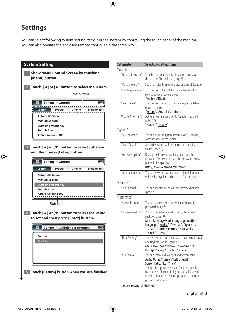 Settings | Kenwood KTC-D600E User Manual | Page 5 / 22