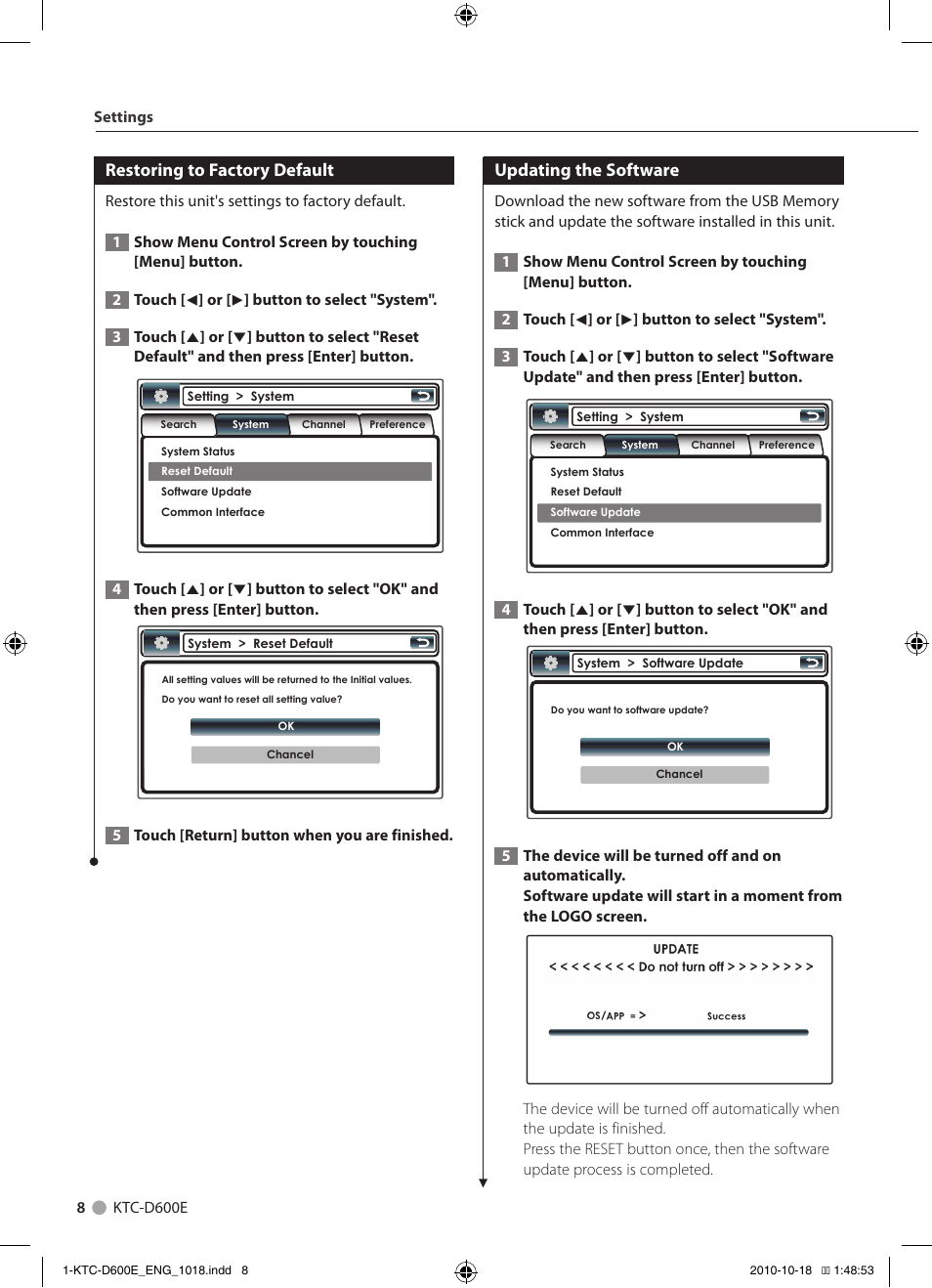 Restoring to factory default, Updating the software | Kenwood KTC-D600E User Manual | Page 8 / 22