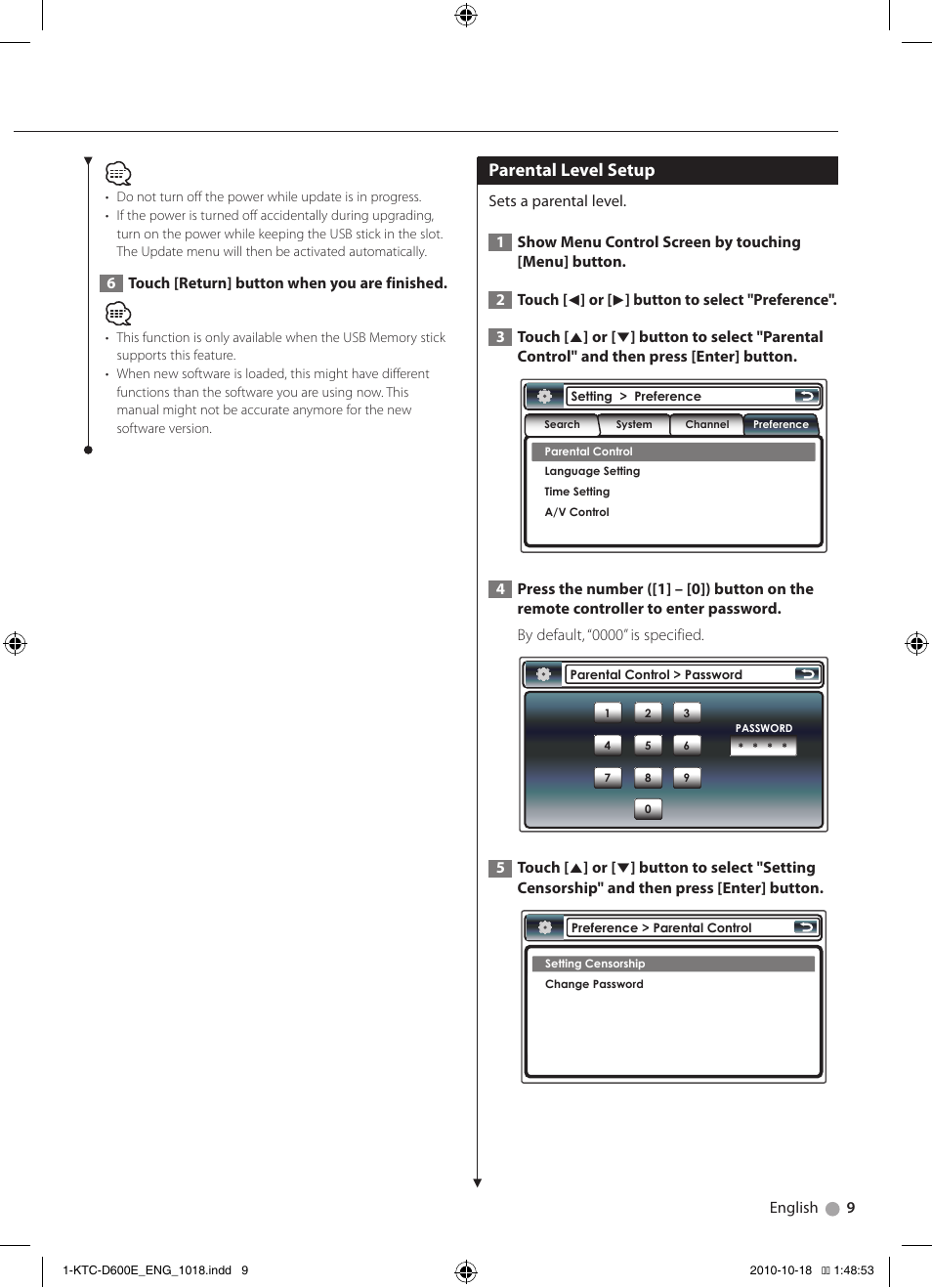Parental level setup | Kenwood KTC-D600E User Manual | Page 9 / 22