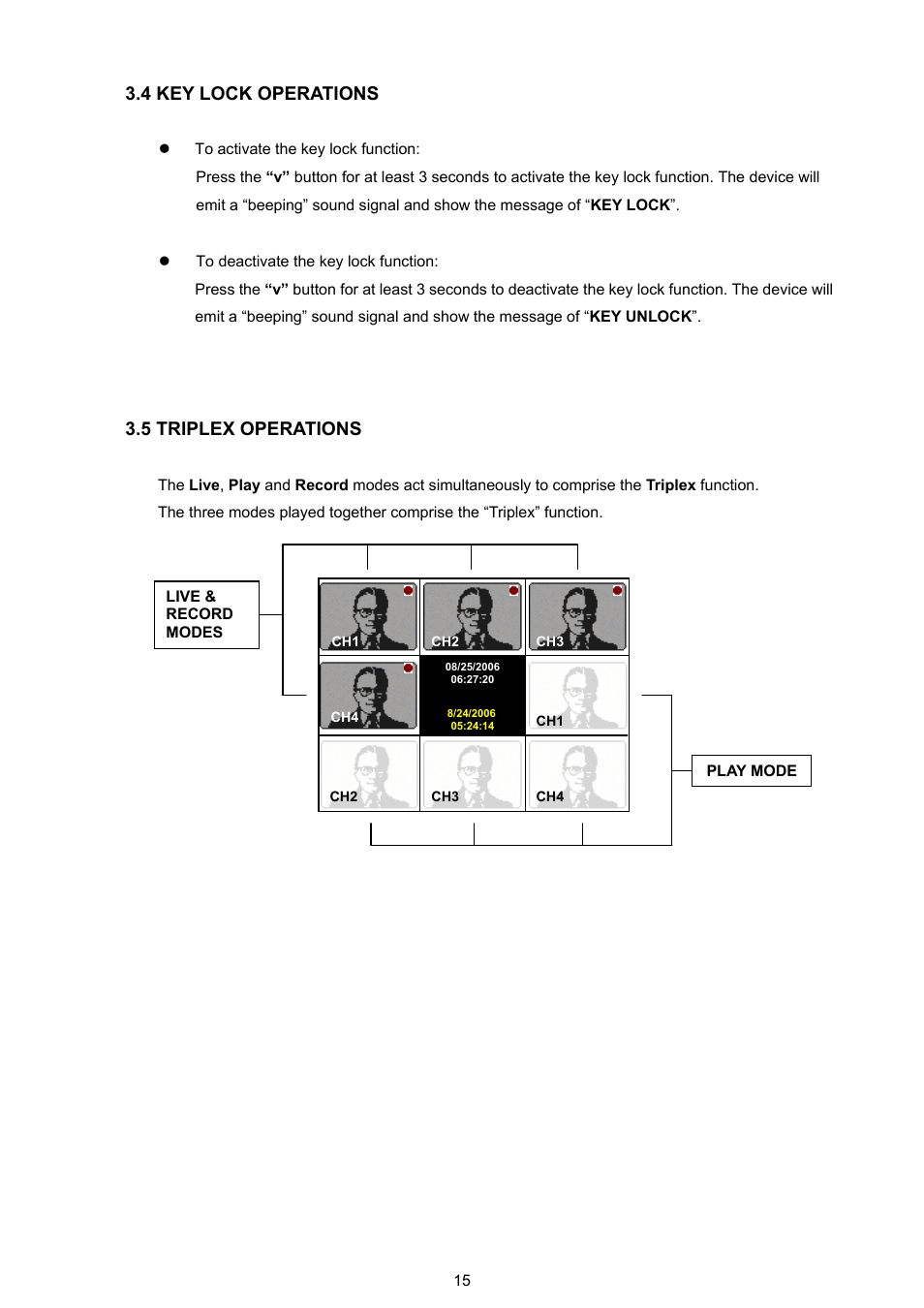 4 key lock operations, 5 triplex operations | Approach Tech DVR-3704T User Manual | Page 17 / 47