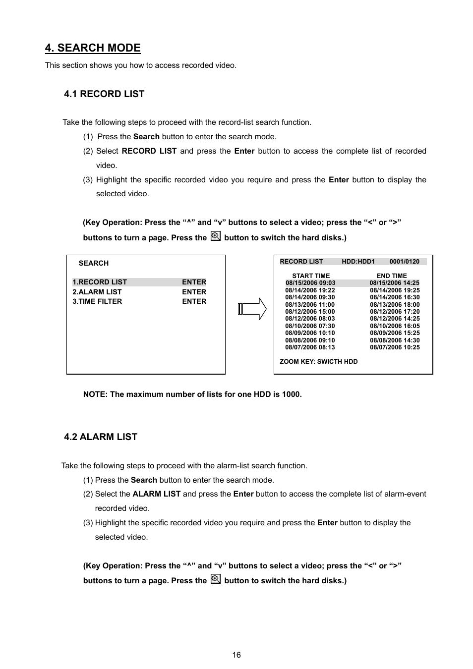 Search mode, 1 record list, 2 alarm list | Approach Tech DVR-3704T User Manual | Page 18 / 47