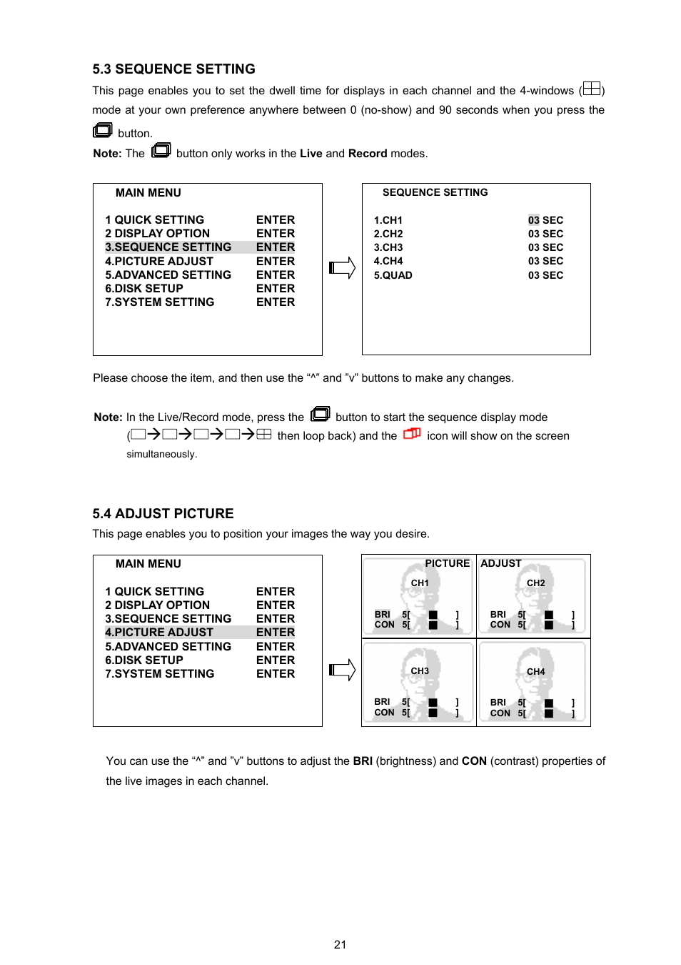 3 sequence setting, 4 adjust picture | Approach Tech DVR-3704T User Manual | Page 23 / 47