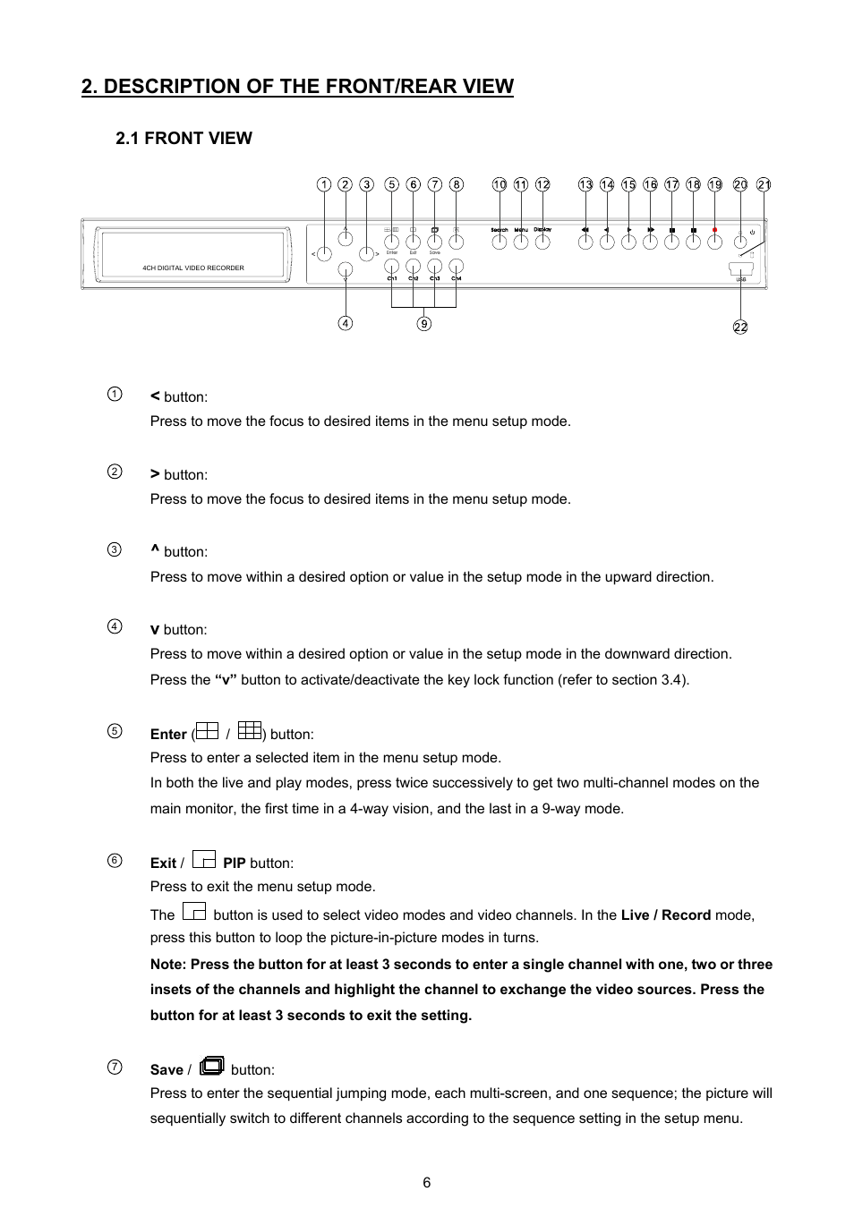 Description of the front/rear view, 1 front view | Approach Tech DVR-3704T User Manual | Page 8 / 47